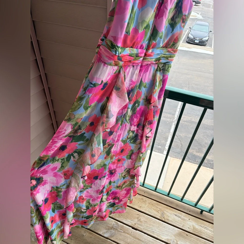 🆕 Xscape Floral Chiffon Halter Maxi Dress Size 12 Pink Blue Ruffle Formal Gown - Picture 8 of 17